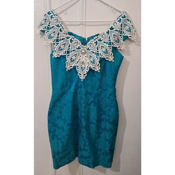 Vintage Scott McClintock Womens Medium TURQUOISE BLUE Cocktail dress Off Shoulde - Picture 1 of 7